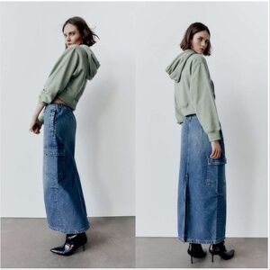 ZARA WOMENS MEDIUM WASH BLUE DENIM TRF CARGO MAXI SKIRT XS